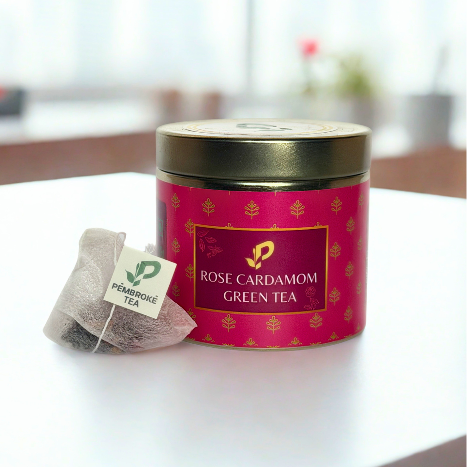 Rose Cardamom Green Tea with pyramid biodegradble tea bags 