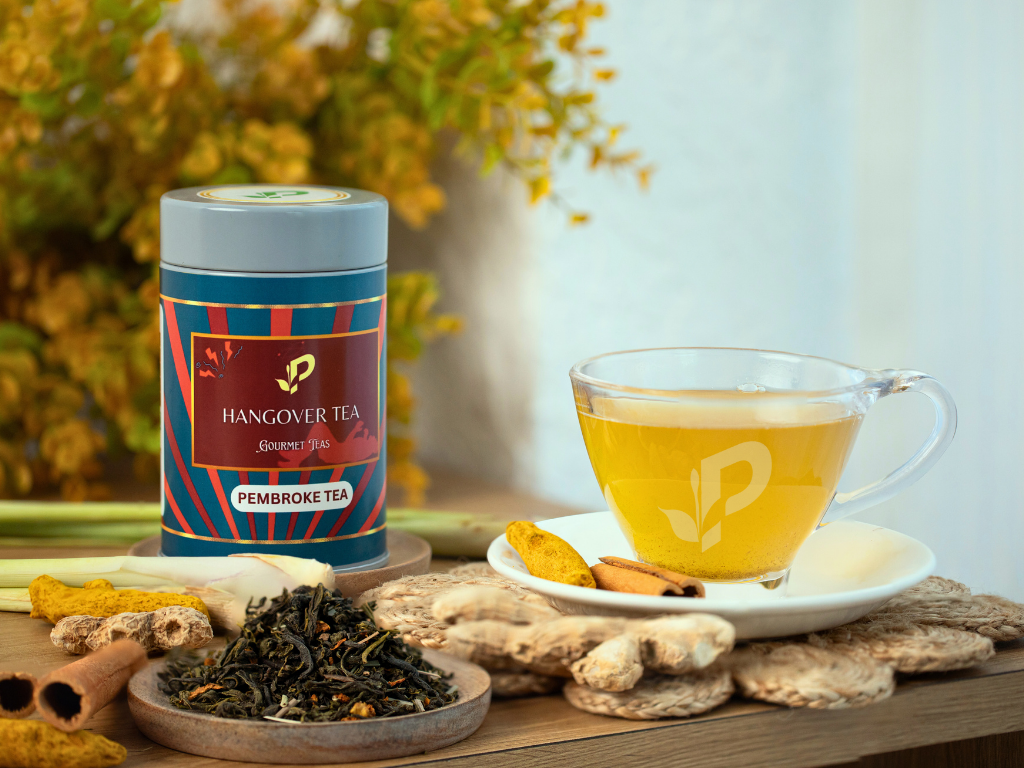 Hangover Tea brewed showing refreshing golden hue for recovery