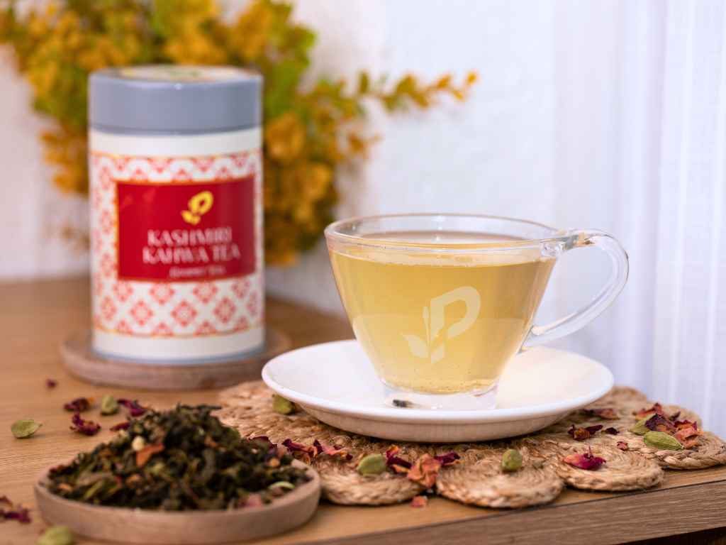 Kashmiri Kahwa Tea brewed showing traditional golden color with spices