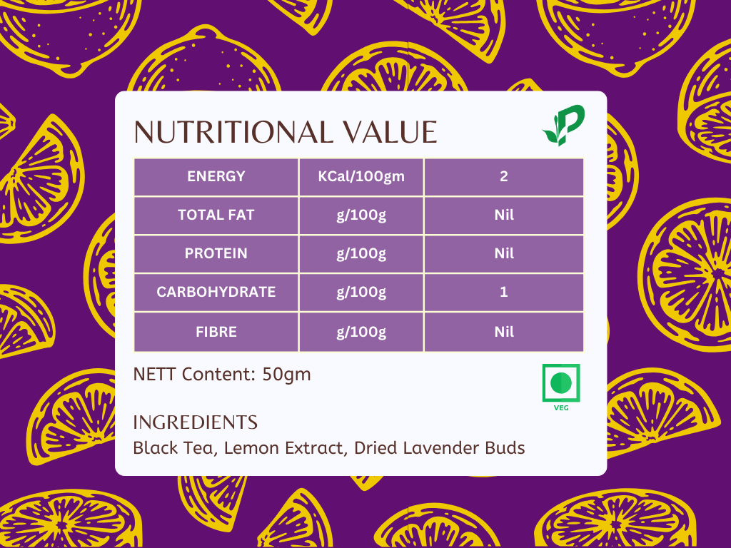 Lemon Lavender Black Tea by Pembroke Tea - Nutritional Value is displayed.