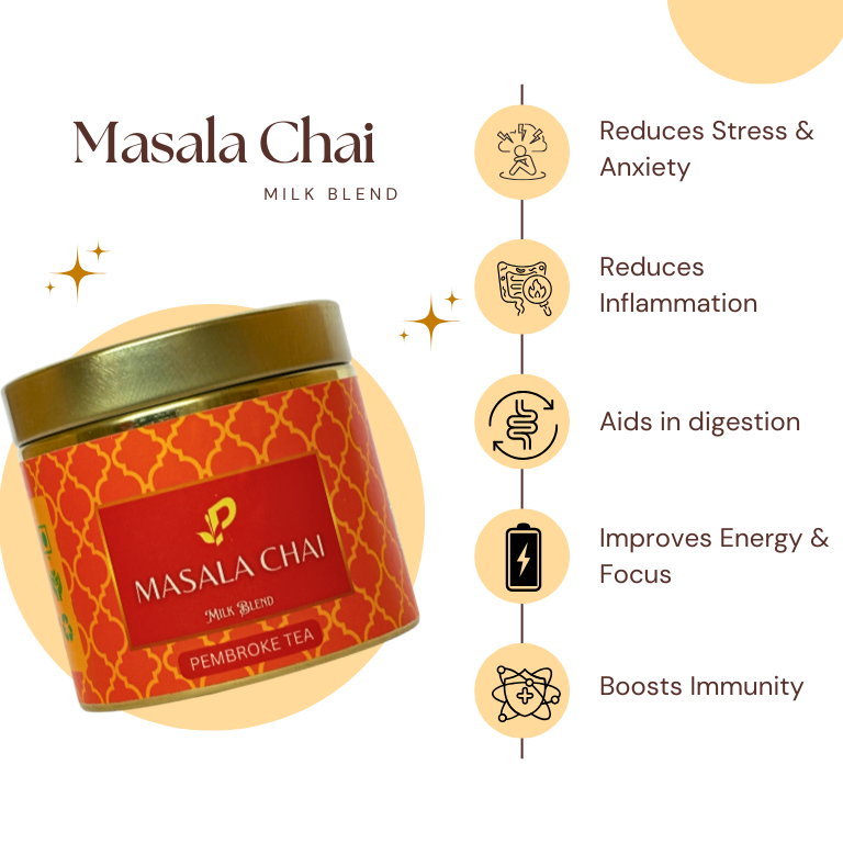 Masala Chai milk blend container with health benefits listed on a white background