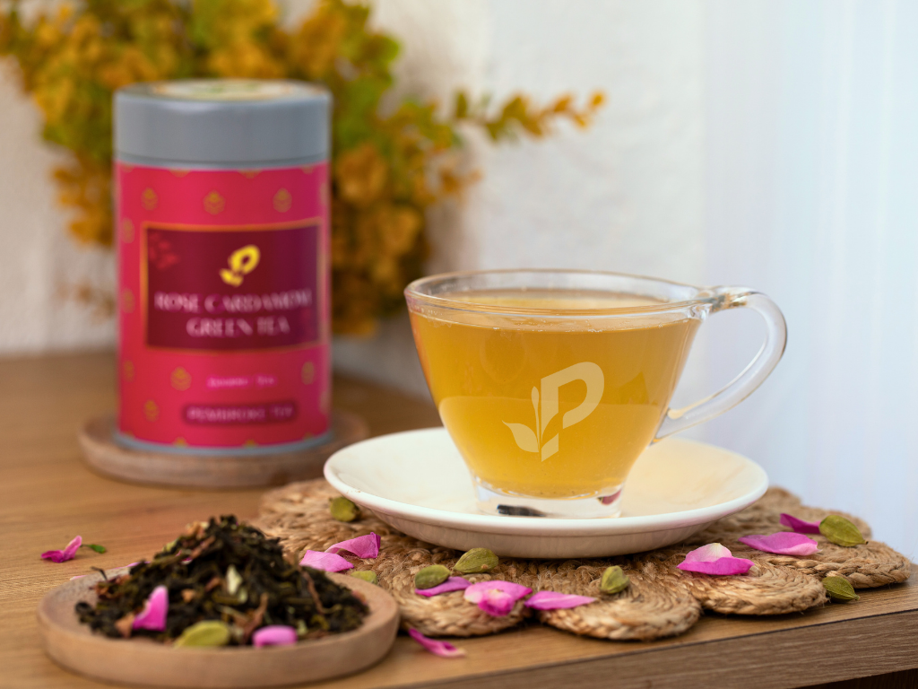 Rose Cardamom Green Tea brewed showing delicate floral color