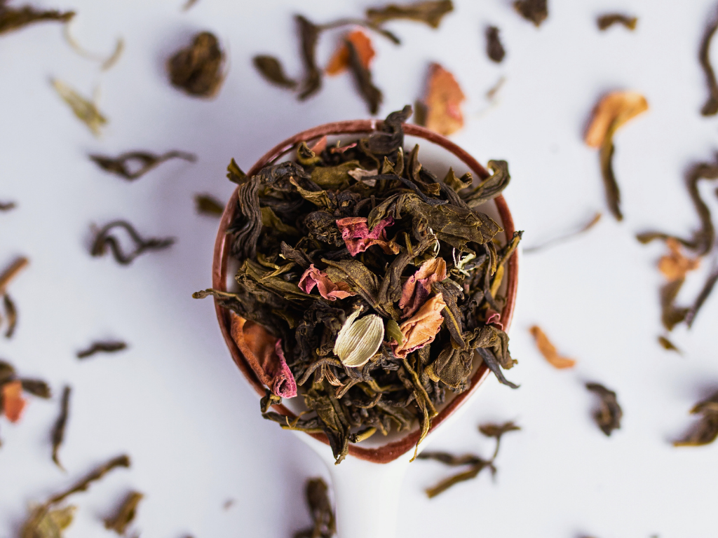 Rose Cardamom Green Tea premium green tea leaves with rose petals