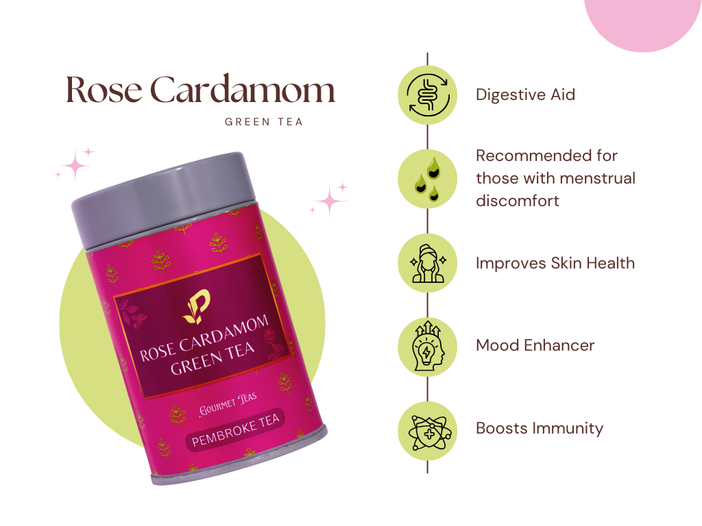 Rose Cardamom Green Tea skin glow and menstrual comfort benefits