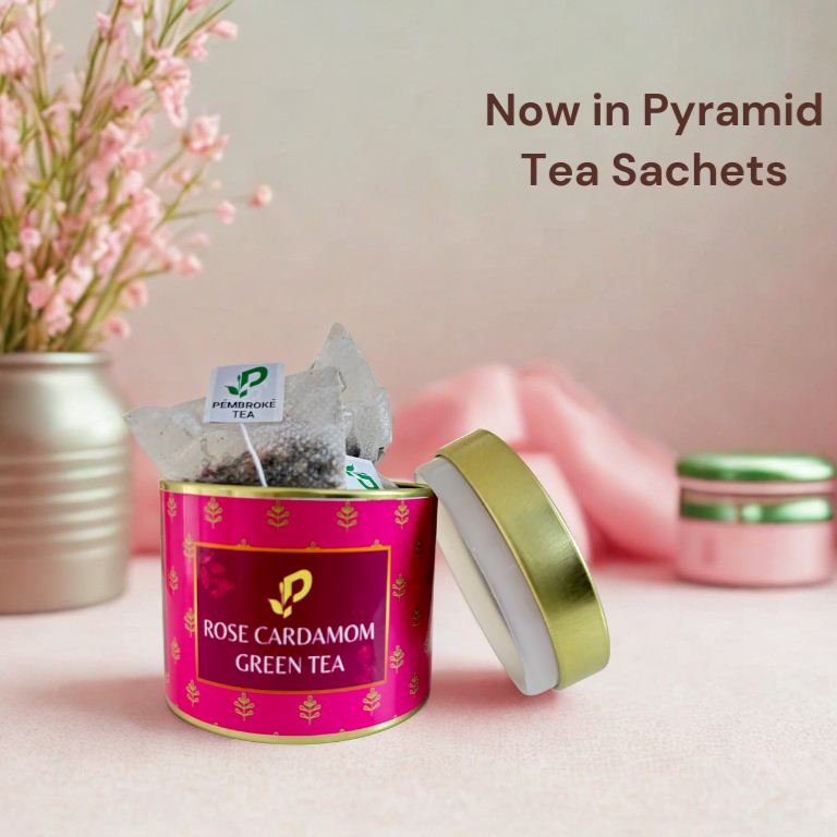 Rose Cardamom Sachets pyramid tea bags tin by Pembroke Tea - 15 sachets