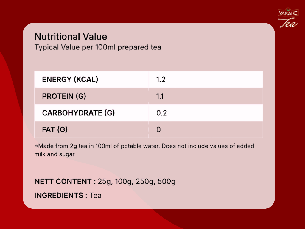 Varake Tea Premium Strong hearty satisfying flavor nutritional information