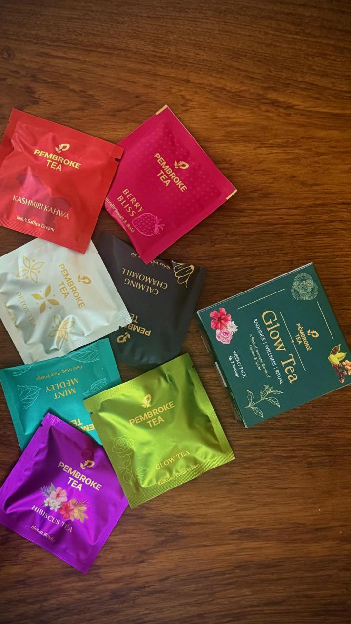 Seven green Tea sachets in a Pembroke Tea Weekly Glow Pack